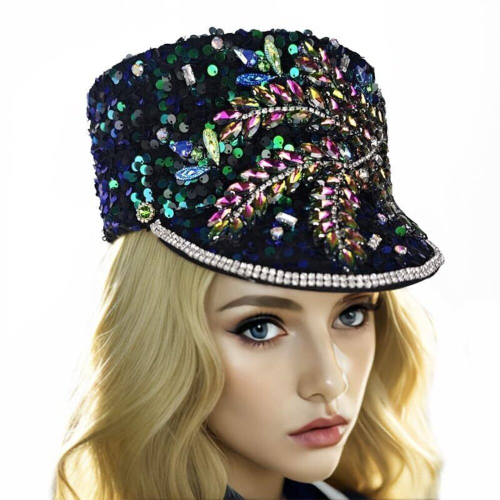 6222 Studded Rhinestones Velvet Sequin Marching Band Hat Festival Party Hat